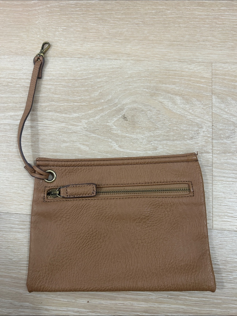 Street Level Tan Leather Wristlet Clutch with Front Zip Pocket